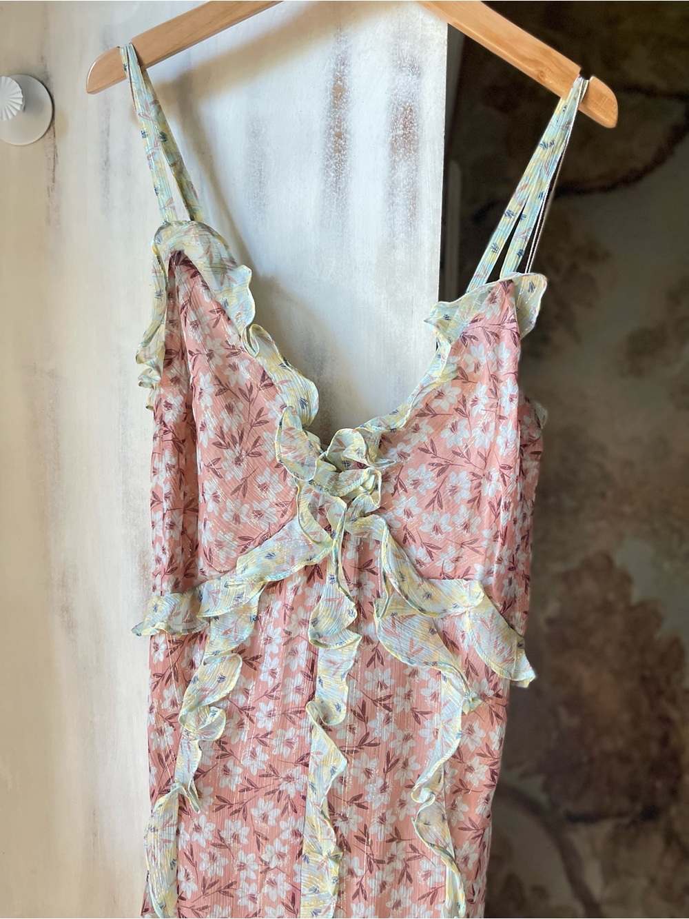 Rebecca Taylor Pink and Pale Green Floral Ruffle Slip - Picture 2 of 7